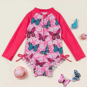 Long Sleeve Bathing Suits for Girls Swimsuit Butterfly Zipper Ruffled Swimwear Swim Shirts for Surfing 240326