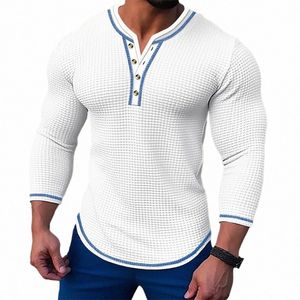 new Men's Waffle Solid color T-shirt Lg sleeve V-cardigan Henry Neck Tee Tops Spring Autumn Casual Comfort Elastic Shirt N2Jx#