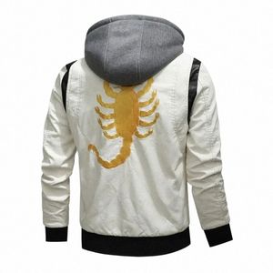 スプリングメンズオートバイバイカーレザージャケットScorpi Embroidery Autumn Drive Jacket Fi Stand Collar Hood Leather Coat E954＃