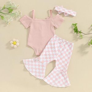 Zestawy odzieży Baby Girl Summer Ubranie na ramię Romper Flare Pants Opaska na głowę Toddler 3PCS Bell Bottoms Zestaw stroju