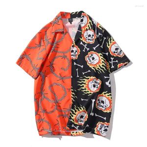Men's Casual Shirts Summer Men Short Sleeve Print Shirt Orange Black Patchwork Vintage Hawaiian Mens Beach Man Oversize Tops