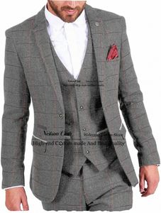 Formalne szare mężczyzny garnitury Tweed Tweed Groom Wedding Tuxedos 3 sztuki Busin męski Blazers Blazers Slim Fit Groomsmen Terno Masculino 00ry#