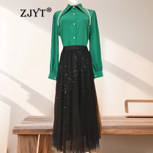 ZJYT Long Sleeve Beading Blouse and Sequined Mesh Skirt Set 2 Piece Womens Outfits Spring Suit Office Lady Midi Dress Sets 240327