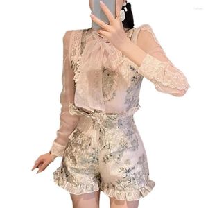 Damen-Trainingsanzüge, Vintage-Blumen-Jacquard-Spitze-Tops, Shorts, Damen, elegantes 2-teiliges Set, Damen-Langarm-Party-Shorts, Runway-Design