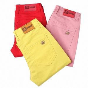 2022 novos jeans masculinos estilo clássico busin fi rosa vermelho amarelo estiramento fino ajuste calças jeans retas calças de marca masculina 03OA #