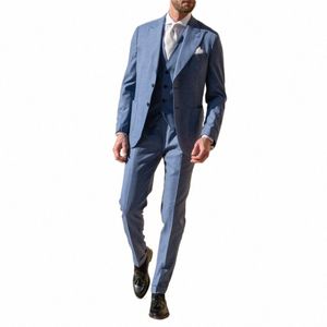 Luxury Men's Suits Blue Full Set Smart Casual Single Breasted hacked Lapel Elegant Male Clothing 3 Piece Jacket Pants Vest 2024 U6GR#