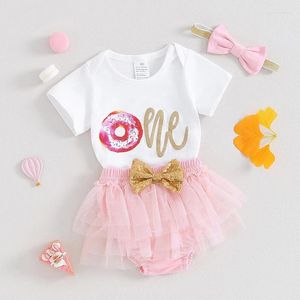 Комплекты одежды FOCUSNORM, одежда для дня рождения для маленьких девочек 0-18 месяцев, комбинезон из 3 предметов с короткими рукавами и принтом пончика, сетчатые шорты-пачки, повязка на голову с бантом
