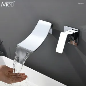 Bathroom Sink Faucets MOLI Chrome/Black Waterfall Basin Wall Mounted Faucet Brass Taps Single Handle Vanity Mixer Washing Tap MLT304