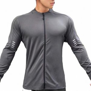 Homens Casual Esportes LG Manga T-shirt Gym Fitn Running Training Slim-Fit Quick Dry High Elastic Moletons Zip Up Tee Tops 55lU #