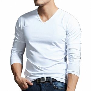 casual Men's Lg Sleeves Muscle V Neck Slim T-Shirt Solid Color Activewear Tops Tee Undershirt T Shirt Man Clothing 00Q3#