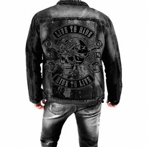 Men's Denim Jackethigh Street Men's Autumn New Products tryckt med vatten rippad denimjacka Lossa motorcykel grossist u0to#