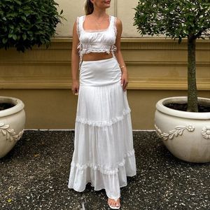 Women's Two Piece Pants Fashion Summer Long Skirt Suit Women 2Pcs Outfits Lace Trim Sleeveless U-Neck Tank Tops With Set Party Clothes