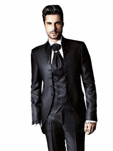 classic Men Suits Mandarin Lapel Wedding Groom Tuxedos Black Pattern Waistcoat Groomsman Blazer 3 Pieces Set Terno Masculino j1CA#