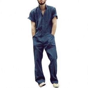 Macacão masculino de manga curta cor sólida calças fi streetwear zip bolso laper macacão workwear calças roupas s1x4 #