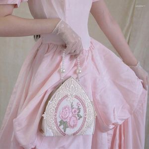 Abendtaschen Lolita Top-Griff-Tasche für Frauen Elegante sanfte Stickerei Lippenstift Geldbörse Damen Fee Spitze Handtasche Blumenperle