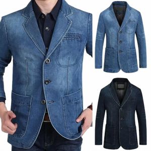 Elegante Men Jeans Blazer Temperamento Terno Jaqueta Lg Mangas Slim Fit Bolsos Terno Casaco Único Breasted 42Oo #