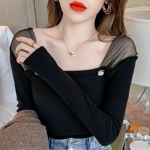 Kvinnors T -skjortor Tee Spring Korea Mesh Stitching Bottom Shirt Casual Solid Colors Clothes Full Sleeve Square Collar Streetwear 2024 Woman