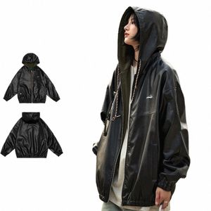 Pu Leather Hooded Jackets Uomo Donna Retro Street Baggy Moto Cappotti American Street Loose Zip-up Outwear Primavera Unisex Top h5vD #