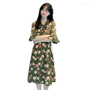 Party Dresses Toppick 2024 Summer Autumn Chiffon Print Dress Casual Cute Women Floral Long Bowknot Sleeve Vestido Plus Size