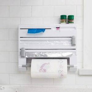 Rack 6 i 1 kökshanddukpappershållare Aluminium Film Cutter Wraptastic Dispenser Cutting Foil Cling Wrap Shelf Wall Hang Tool