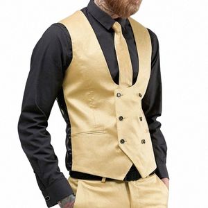 Guld Slim Fit Men Vest med dubbelbröst för bröllopsdräkt V Neck One Piece Custom Wasitcoat Ny ankomst Male Fi i3pg#