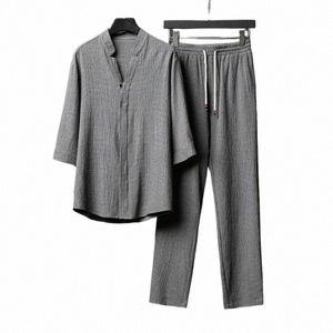 ice Silk Linen Men's Set Spring Summer 2023 Loose Pullover Tops and Elastic Waist Trousers Sport Suits Men Two Piece Sets Q7Ij#