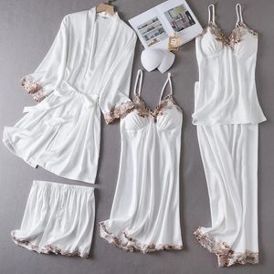 Sexy rendas 5 pçs roupão de banho conjunto feminino pijamas conjunto loungewear primavera verão cetim quimono robe terno sleepwear casual casa roupas240327