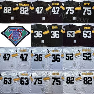 Vintage 1975 1996 Calcio 47 Mel Blount Maglie 52 Mike Webster 63 Dermontti Dawson 75 Joe Greene 82 John Stallworth 36 Jerome Bettis Nero Bianco Retro 75a squadra