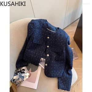 Giacche da donna KUSAHIKI Cappotto corto in tessuto moda blu navy Chic monopetto Autunno 2024 Top cardigan coreano a maniche lunghe