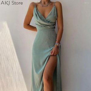 Casual Dresses Women V Neck Ruched Split Thigh Cami Maxi Dress