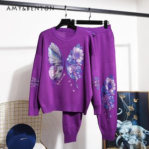 Calças femininas de duas peças terno de tricô senhoras outono e inverno strass solto suéter roxo reto baggy jogger conjunto de duas peças roupas