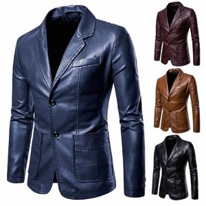 Spring Autumn Korean Style Men's Slim Fit Motorcykel PU Blazer Läderjacka Single Breasted Busin Coat Fi Streetwear E2nt#