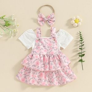 Roupas conjuntos de roupas de meninas de meninas bolhas de manga curta Suspensa de flores de flor de vestido geral roupas de verão