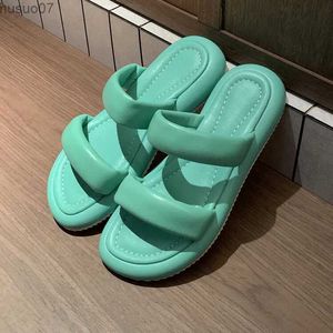 Sandaler 2022 Ny designer Womens Slide Yellow Leather Platform Flat Slide Summer Leisure Beach Flip Size 40 Lake Green SandalSl2403