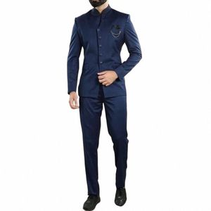 stevditg Navy Blue African Men's Suits Blazer Single Breasted Stand Lapel Formal Busin 2 Piece Jacket Pants Slim Fit Terno P3l7#