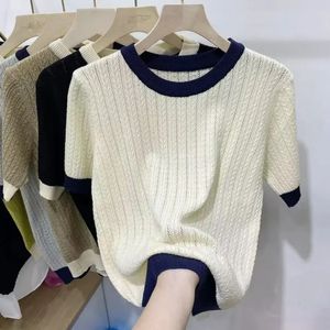 Summer Korean Short sleeved Soft Knitted Short sleeved T-shirt Womens O-neck Colorful Block Thread Design Simple Casual Sweater Top 240327