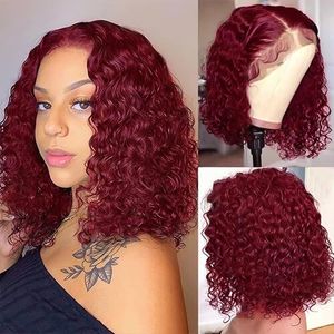 99J Burgundy Deep Wave Red Water Bob Wigs Glueless Human Hair Wigs 13x4 HD Transparent Lace Frontal Wigs Curly Wigs for Women