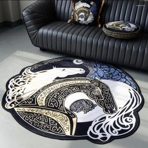 Mattor Luxury Horse Printed Round Rug för sovrumsmattor vardagsrum Dekor 3D Tjock svartblå vit datorstol golvmatta antislip