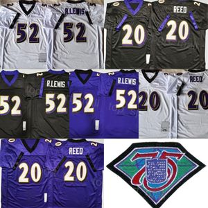 2004 2006 Maglia da calcio retrò 20 Ed Reed 52 Ray Lewis Nero Viola Bianco Colore della squadra 75 ° anniversario Vintage per gli appassionati di sport Puro cotone traspirante cucito da uomo