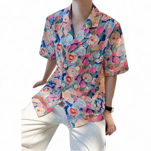 Erkekler Çift Kırıltılar Gevşek Sıradan Vintage Suit Yaka Kısa Kollu Floral Gömlek Bluuses Erkek Yaz Sokak Giyim Dr Shirt X4WV#