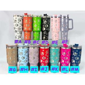 Straw And Dog With 40Oz Handle Stainless Steel Leopard Travel Mug Cat Paw Print Tumbler Insulated Tumblers DIY 0515 New s