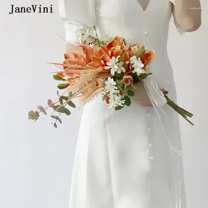 Wedding Flowers Janevini romantyczne Orange Orchid eukaliptusowy jedwabny bukiet sztuczny róże koreańskie oblubienica Marie