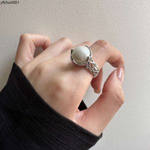Round Pearl Hollowed Out Ring for Women 925 Sterling Silver with Carved Patterns Gentle and Elegant Temperament Luxurious Push-pull J0031