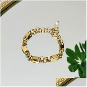 Braccialetti con ciondoli Lii Ji Bracciale con perle alla moda Acciaio al titanio placcato oro 18 carati 16-18 cm Gioielli da donna d'acqua dolce Consegna a goccia Otlwj