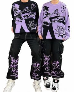 Y2K 2 pezzi Set maglione jeans uomo donna gotico oversize anime maglieria ricamo pullover harajuku hip hop streetwear pantaloni A2s7 #