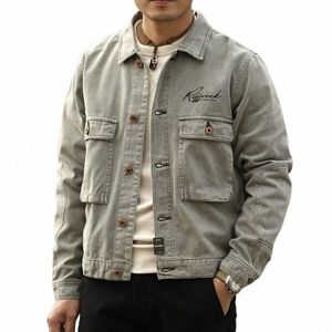 2024 Primavera Outono American High Street Retro Ahmei Khaki Denim Jacket Mens Casual Solto Bordado Distred Workwear Jaqueta f77C #