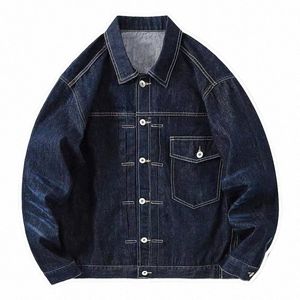 retro mörkblå denimjacka män casual lös vintage jeans jackor amerikansk stil lastficka streetwear japanska outwear ny i77y#