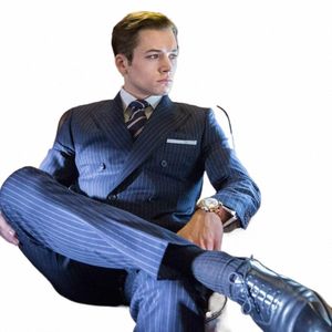 double Breasted Men's Suits Peak Lapel Blue Pinstripe Elegant Male Clothing 2 Piece Jacket Pants Formal Busin Outfits Blazer t3kg#