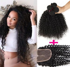 1pc Top Lace Closure3pcs Cabelo Encaracolado Tramas Brasileiro Kinky Curly Virgem Cabelo Humano Tecer Extensões de Cabelo Encaracolado Profundo 7A Remy Humano 8539166