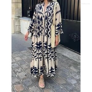 Casual Dresses Women Elegant Print Long Dress Summer V-Neck Loose Sleeve Open Covers-up Female Button Pleated Boho Maxi